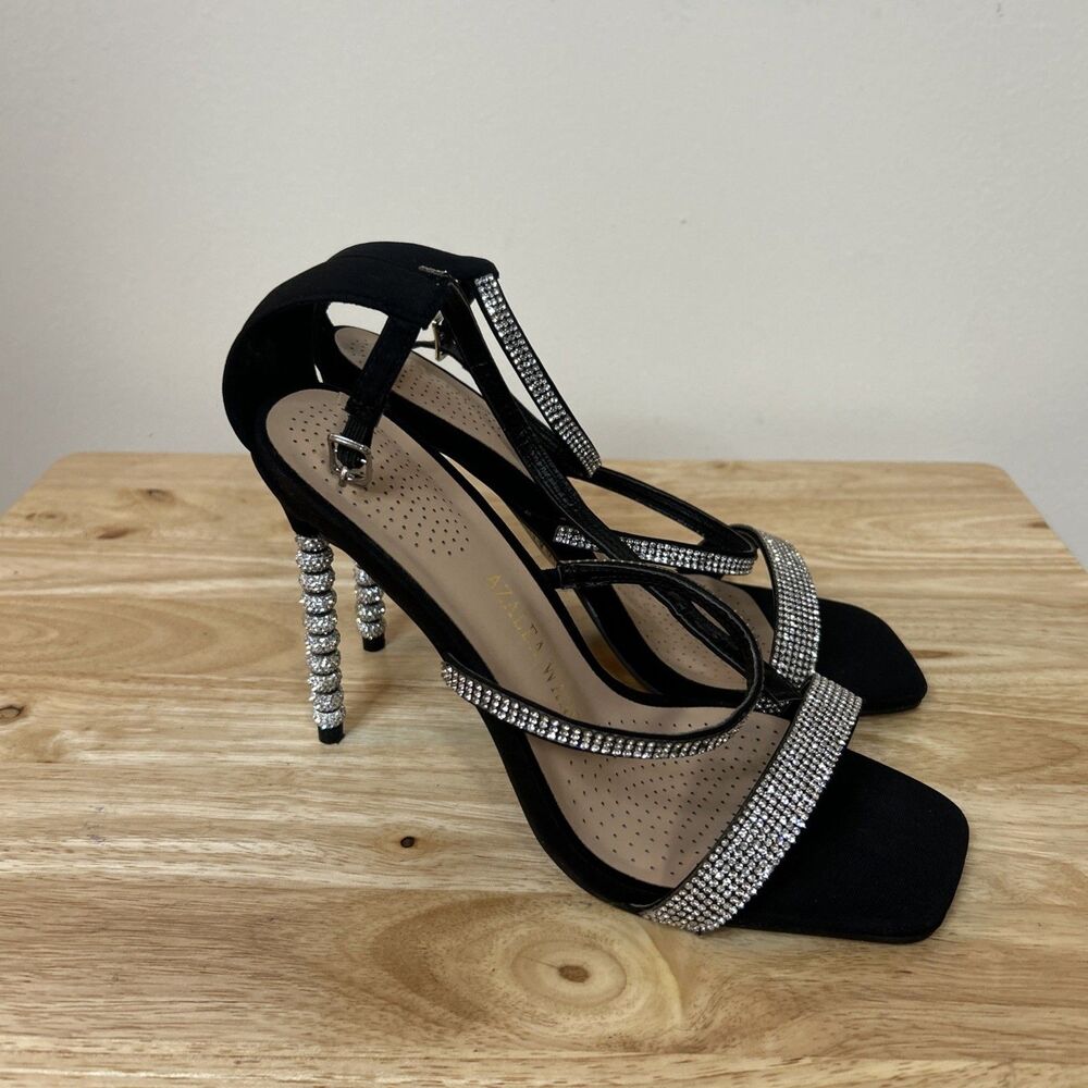 Azalea Wang Tricky Black Rhinestone Heel Sandals Size 10 Strappy New - Picture 2 of 7